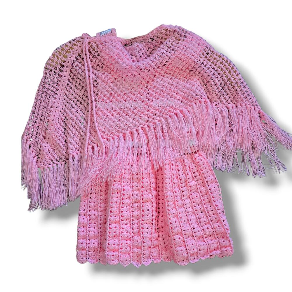 Vintage Handmade Pink Crochet Pinafore Dress & Fringe Poncho Set – Baby Toddler